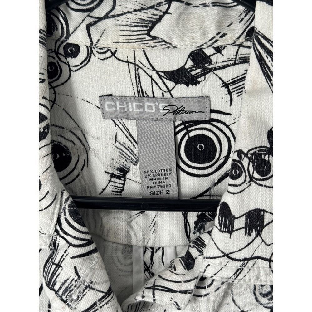 Chico's Platinum Denim Jacket Women's 2 Black White Abstract Print Trucker - Picture 3 of 7